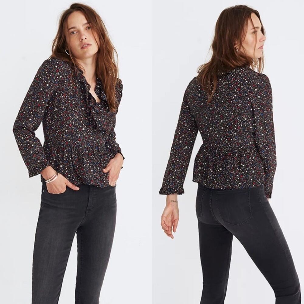 Madewell Silk Ruffle-Hem Wrap Top in Starry Night size Small